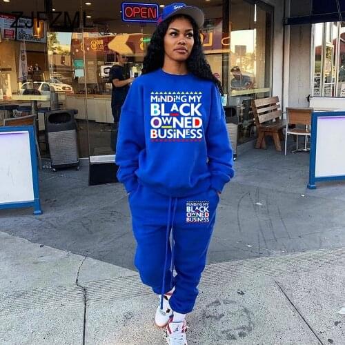 Casual Royal Blue Lounge Sets Letter Print Women Full Sleeve Sweatshirt and Baggy Sweatpant Two Piece Outfit Active Wear Suits