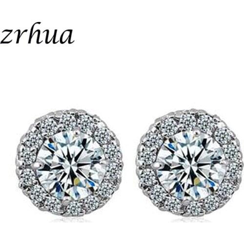 ZRHUA 100% 925 Sterling Silver Prevent Allergy Round Stud Earrings for Women Wedding Earrings Jewelry Accessories Brincos