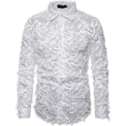 White Feather Lace Button Up Shirt Men 2021 Brand Slim Fit Long Sleeve Shirt Mens Disco Party Nightclub Prom Dress Shirts Male