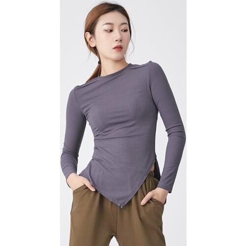 Adult Ribbed Cotton Belly Dance Top Asymmetric Hem Crew Neck Yoga Shirt Costume for Women Dancer Clothes Wear Clothing