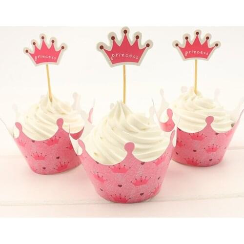 24pc/set pink Crown Princess Paper Cupcake Wrappers and Toppers for baby Girl Birthday Party Decoration Cakecup Picks Toppers