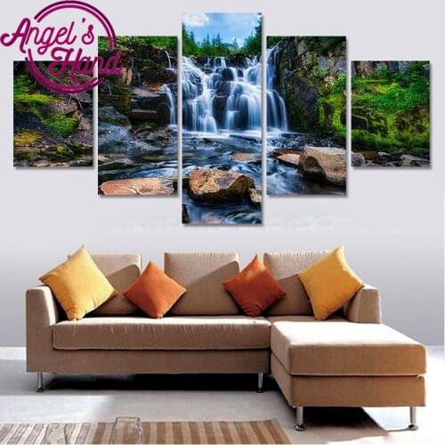 5pcs beautiful Waterfall scenery diy diamond painting cross stitch mosaic home decoration square drill full diamond embroidery