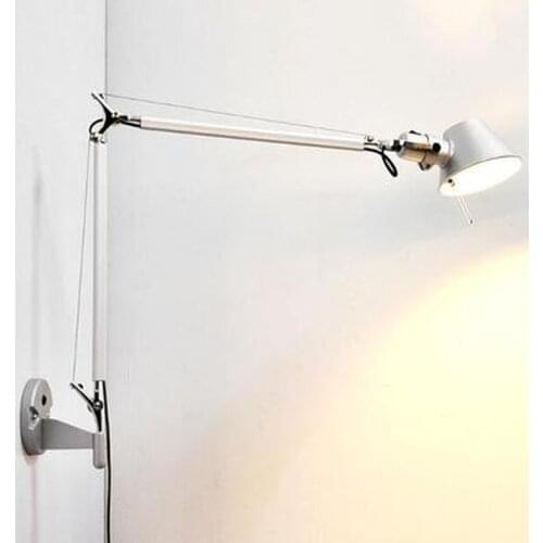 American Industrial Wall Light Black Silver E27 Rotatable Long Arm Wall Lamp with Switch for Bedside Study Office Living Room