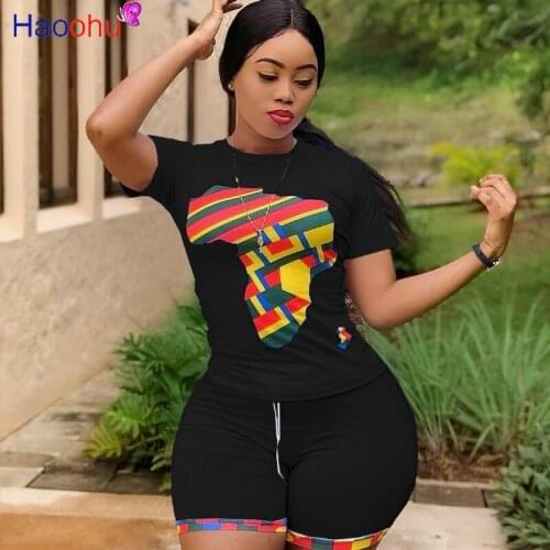 HAOOHU Africa Map Print Two Piece Set Summer Clothes For Women O Neck Short Sleeve Shirt Fitness Short Casual Plus Size Suit