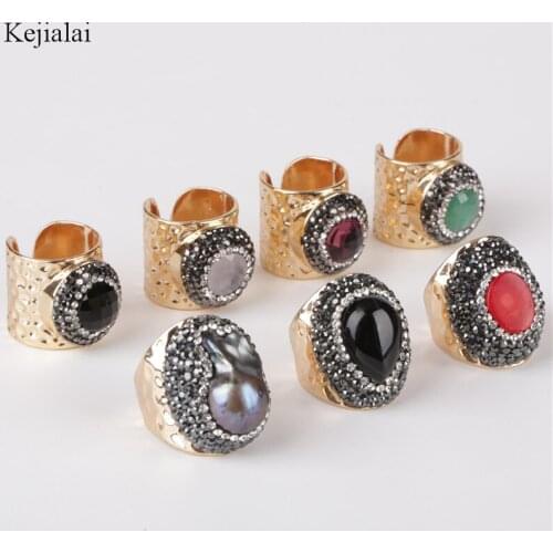 2/3 cm width multi color big pearl coral stone bead charm wrap adjustable resizable gold open hammered ring cuff for woman man