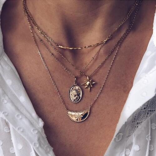 4 Pcs/Set Women Gold Necklaces Set Fashion Star Moon Virgin Mary Avatar Chain Pendant Necklace Lady Classic Gift Jewelry