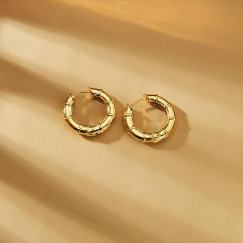 ALLNEWME Korean Fashion Bamboo Joint Round Hoop Earrings for Women Brass Gold Circle Hollow Geometric Statement Earring Brincos