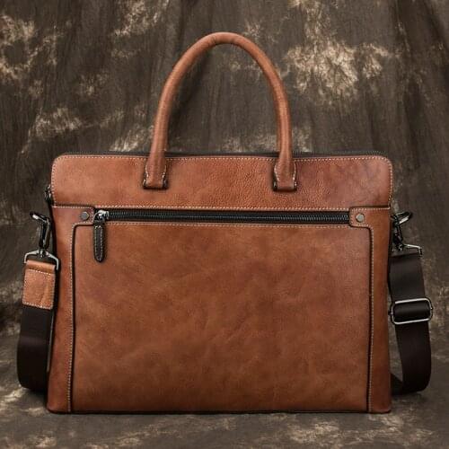 Luuan Retro Style Genuine Leather Men Briefcase Bag Zipper 15.6 Inch Laptop Bag Male Real Cowhide Computer Dialy Working Bag