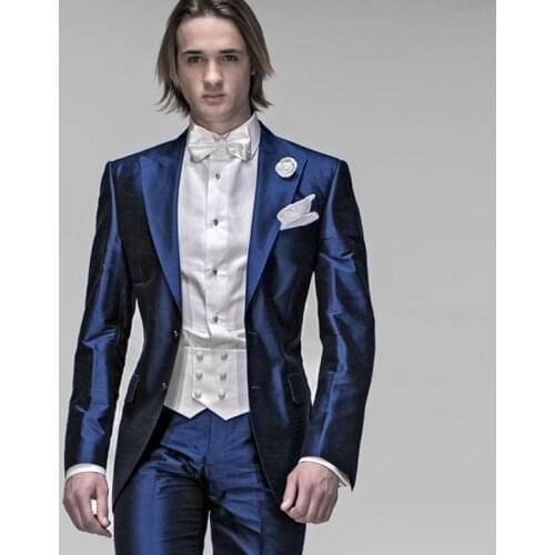 ANNIEBRITNEY Royal Blue Satin 2 Piece Men Formal Suit Groom Wedding Tuxedo Slim Fit High Quality Men Prom Formal Suit With Pants