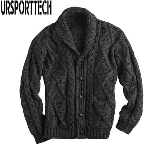 URSPORTTECH High Quality Aran Button Mens Sweater Spring Autumn 2020 New Cardigan Sweatercoat Slim Fit Warm Knitted Sweater Coat
