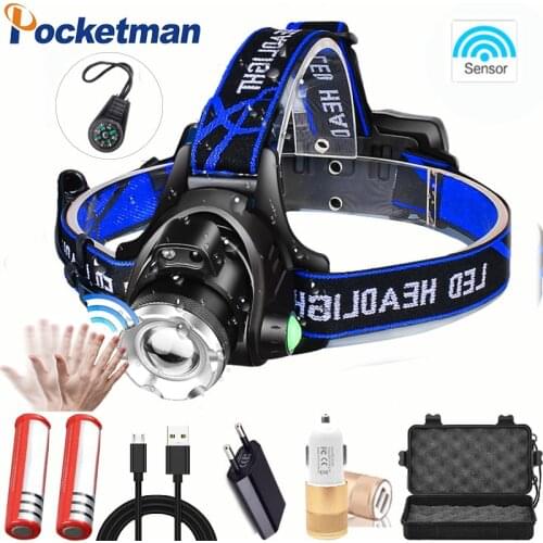 8000LM Headlamp led motion sensor 3 Mode headlamp 90°rotating rechargeable head torch Waterproof use 2*18650 battery for camping