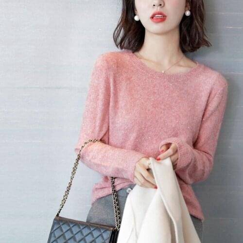 Gentle age-reducing pink sweater long-sleeved autumn and winter round neck bright silk bottoming shirt wearing sequin sweater