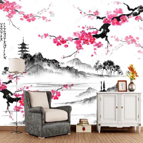 Japanese landscape wallpaper,Landscape with sakura branches,retro mural for living room bedroom sofa background wall paper