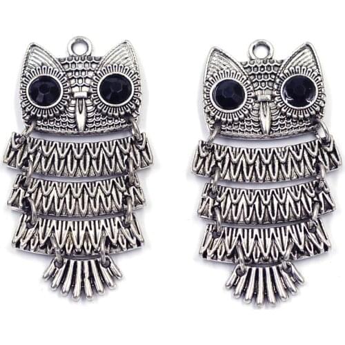 2Pcs Pendants Swing Owl Bird Animal Black Rhinestones Movable Silver Tone For Charms Necklaces Jewelry DIY Findings 5x2.6cm