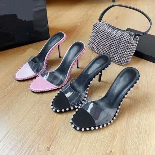 Casual Designer fashion women shoes real leather black studded spikes pvc clear high heels sandalias de las mujeres mujer 2021