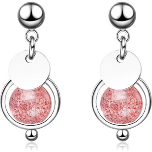 Simple natural strawberry crystal small round pink fresh trend fashion cute silver plated stud earrings WE033