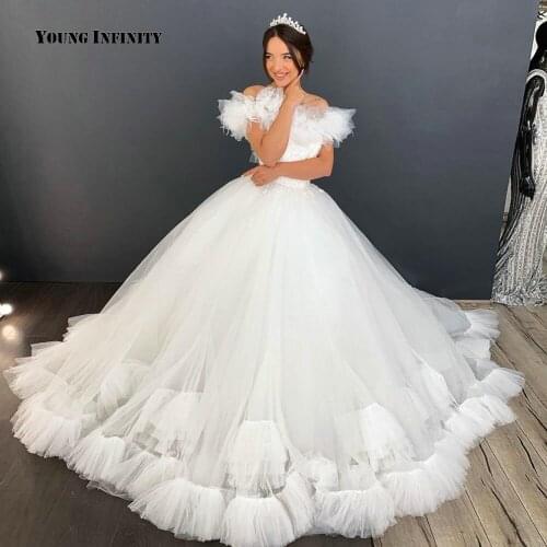 Romantic Strapless Off Shoulder Backless Flower Ruffle Ball Gown Wedding Dress 2021 Backless Tulle White Bridal Dress Plus Size
