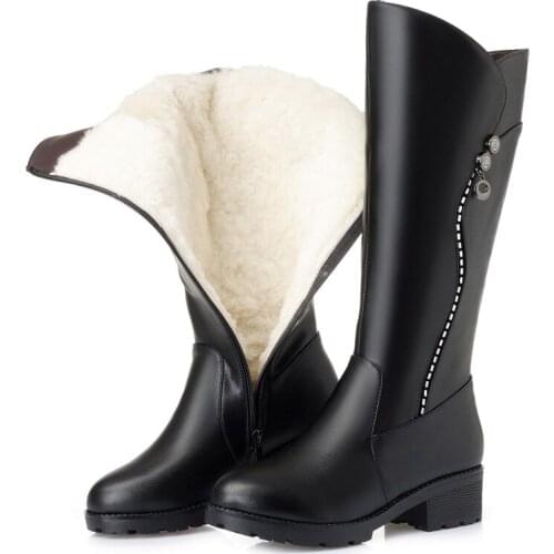AQ744 Women Boots Winter Genuine Leathe Wool Mid-Calf platform boots thick heel Martin boots plus size 43 Warm Woman Botas Mujer