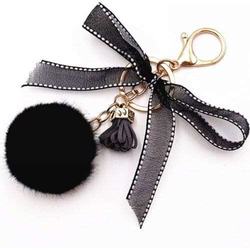 Cute Lace Bow-knot Fur Ball Tassel Keychain Creative Candy Color Soft Fur Car Keychain Women Trinket Bag Key Ring Jewelry Gift