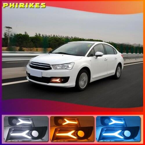 LED DRL daytime running light+Front fog light For Citroen C-Quatre 2012-2018 with Dynamic moving yellow turn signal