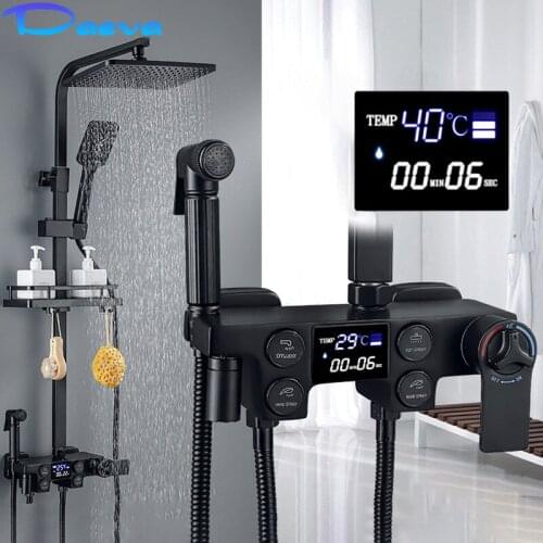 Thermostatic Bathroom Shower Set Rainfall Shower Head Quality Brass Bathtub Mixer Faucet Luxury Digital Bath Black Shower System