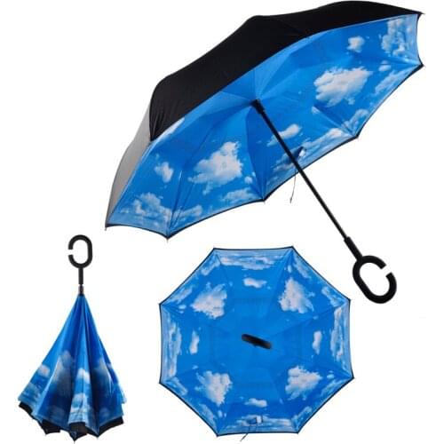 Windproof Reverse Folding Double Layer Inverted Umbrella Self Stand Inside Out Rain Protection C-Hook Hands for Women Children