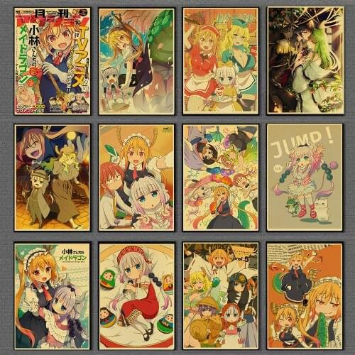 Vintage Anime Miss Kobayashis Dragon Maid Kraftpaper Poster Home Decal Art Painting Funny Wall Sticker for Coffee House Bar