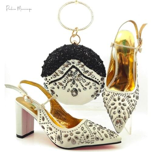 Mature Nigerian Women Royal Wedding Party Shoes and Bag to Match with Shining Crystal in White Color Italian Style Set