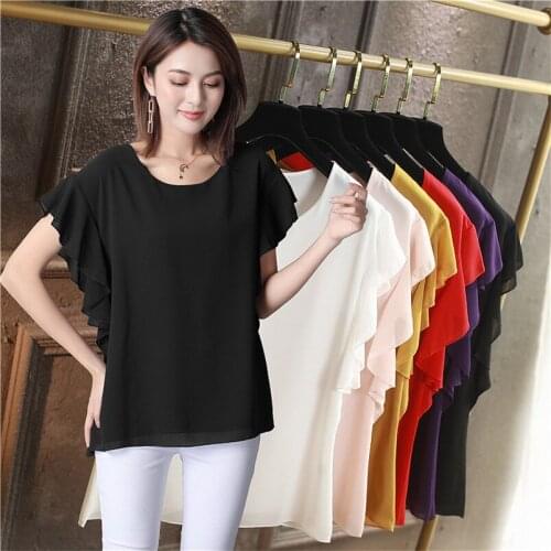 Womens Summer New Style Chiffon Blouses O-neck Ruffles Solid Elegant Shirt Office Work Short Sleeve Tops Large Size M-7XL 8XL