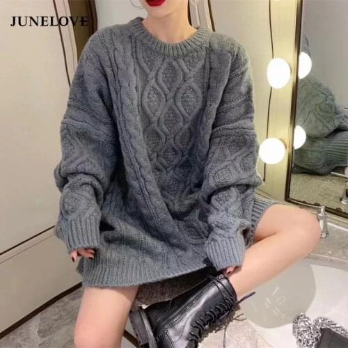 New 2021 Autumn Winter Women Long Sleeve Top Loose Knitting Oversized Sweater Korean Fashion Soild Knitwear Pullovers Brown Tops