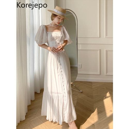 Korejepo Women Dress 2021 Summer Ladies French Elegant Temperament Seaside Vacation Puff Sleeve Square Neck White Beach Vestidos