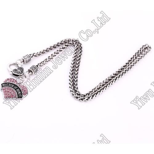 1*1 inch 5pcs a lot big size hearts MATRON OF HONOR crystal heart pendant necklace Wedding Gift