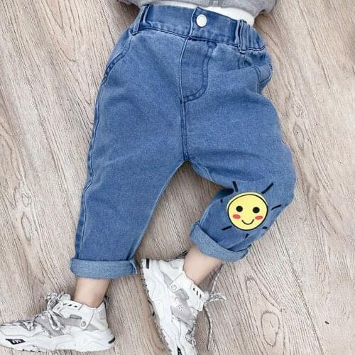 Childrens Pants Spring New Toddler Boys Casual Loose Denim Pants Cute Sun Print Jeans Pants for Girl Kids High Quality Trousers