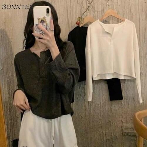 Long Sleeve T-shirts Single Breasted Loose Solid Simple Fashion Leisure Elegant Plus Size Spring Soft All-match Korean Style New