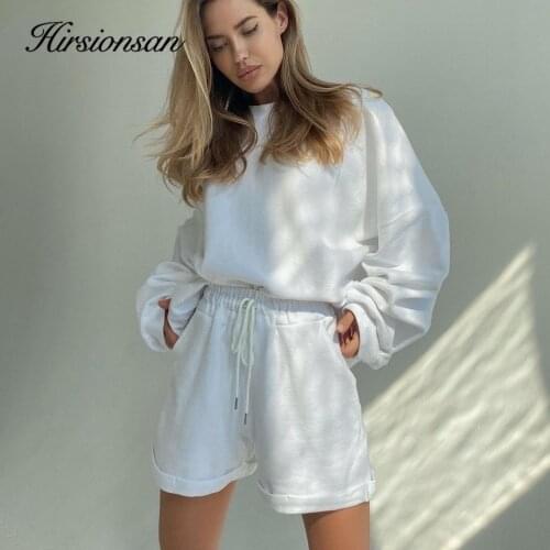 Hirsionsan Cotton Sets Women 2020 New Autumn Casual Two Pieces Loose Tops and Short Pants Outfits Solid Tracksuit Sweatshirts