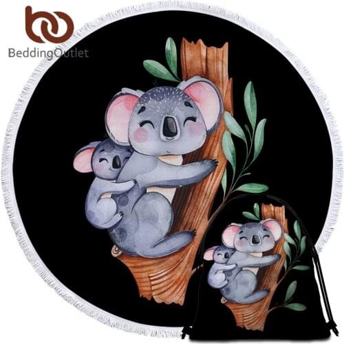 BeddingOutlet Koala Family Round Towel Cartoon Beach Towel Eucalyptus Tree Leaf Summer Blanket Watercolor Animal Tapestry Toalla