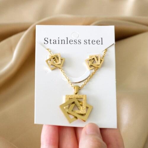 LUXUKISSKIDS Square Shape Stainless Steel Gold/Silver Color Necklaces Earrings Sets For Women Party Jewelry Set pendientes mujer