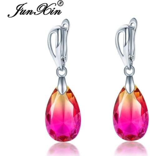 Cute Pink Black Blue Green Crystal Rainbow Earrings Yellow Gold Colorful Zircon Teardrop Hoop Earrings For Women Party Jewelry