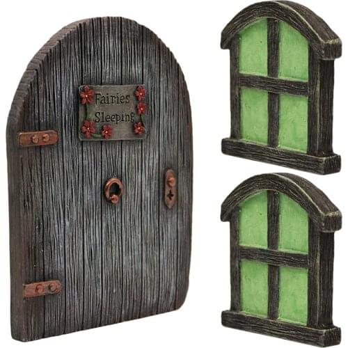 Miniature Fairy Gnome Window Door For Trees Garden Yard Art Sculpture Resin Luminous Window Statues Outdoor Fairy Garden Decor