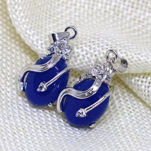 Fashion women oval drop pendant blue chalcedony jades silver-color natural stone accessory new jewelry findings 12*22mmB1872