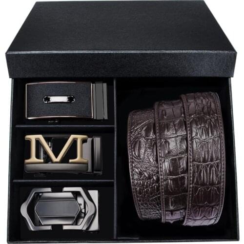 Barry.Wang 3pkhf-14 New Mens Belts 3pcs Automatic buckle Brown Genuine Cowskin Leather Waisband Male Business Belt For Men