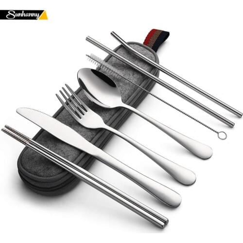 Dinnerware Set Travel Camping Cutlery Set Reusable Silverware with Metal Straw Spoon Fork Chopsticks and Portable Case