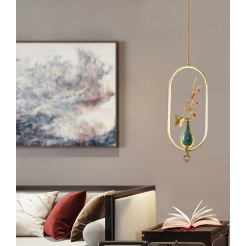 New Chinese Classical Copper Ceramic Vase Bamboo LED Dining Chandelier Chinese Style Zen Restaurant Tea Table Chandelier