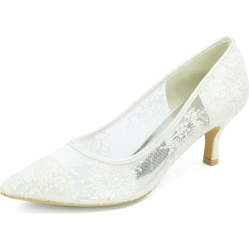 New Spring Middle Heels Pointed Toe Slip on See Through Lace Lady Dress Shoes Bridal Wedding Pumps Sweet Girl Prom Pink Black