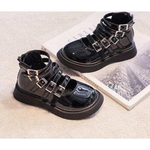 New Fashion Buckle Mid-cut Short Boots Black Leather Shoes 2021 Girls Leather Shoes Mid-size Childrens Boots Hot Fashion Cool