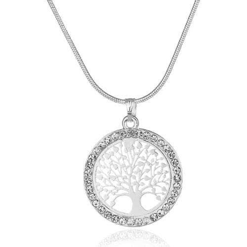 Gold Crystal Drop Necklace Women Hollow Out Tree of Life Pattern Round Necklace moda mujer Jewelry 2019 Fashion Pendientes