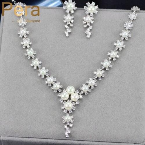 Pera Classic Cluster Flower Big Round Freshwater Pearl Drop Bridal Party Costume Accessories Jewelry Set For Wedding J146