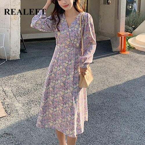 REALEFT 2021 New Floral V-neck Summer Dress Elegant French Style Long Sleeve Lace Up High Waist Ladies Spring Dresses Female