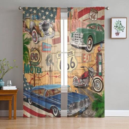 Retro Route 66 Poster Print Sheer Window Panel Curtains Room for Living Room Bedroom Kitchen Room Chiffon Tulle Curtains