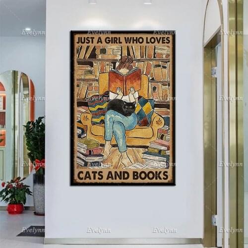 Book And Black Cat Lovers Retro Poster Just A Girl Who Loves Cats And Books Wall Art Prints Home Decor Canvas Unique Gift